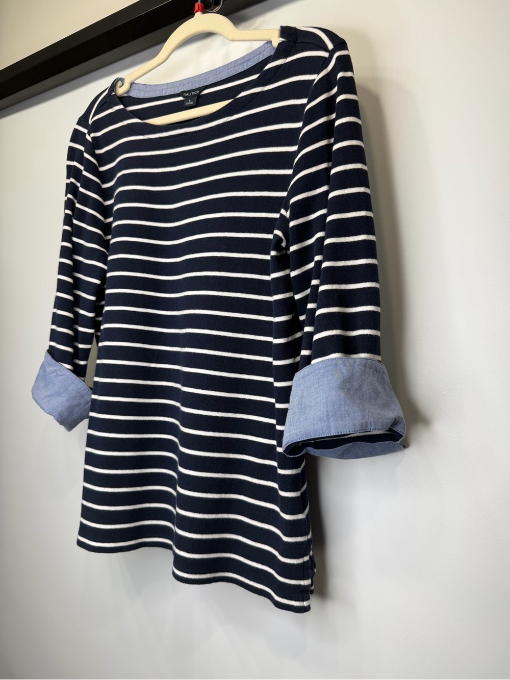 Nautica 100% Cotton Navy & White Striped Roll Sleeve Top Size Large - Picture 3 of 11